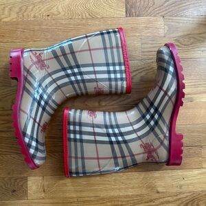 Burberry Beige and Red Plaid Rain Boots